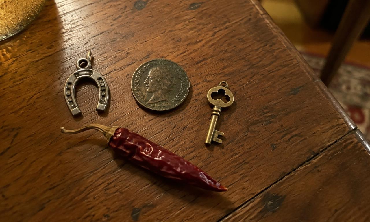 Sur une table en bois : un petit fer à cheval, une pièce ancienne, une clé et un piment séché.