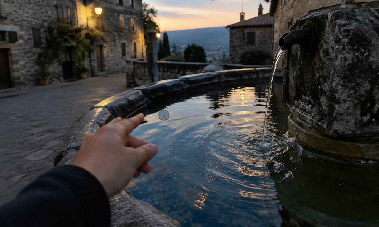 Une pièce quittant la main, au-dessus de l'eau sombre d'une vieille fontaine.
